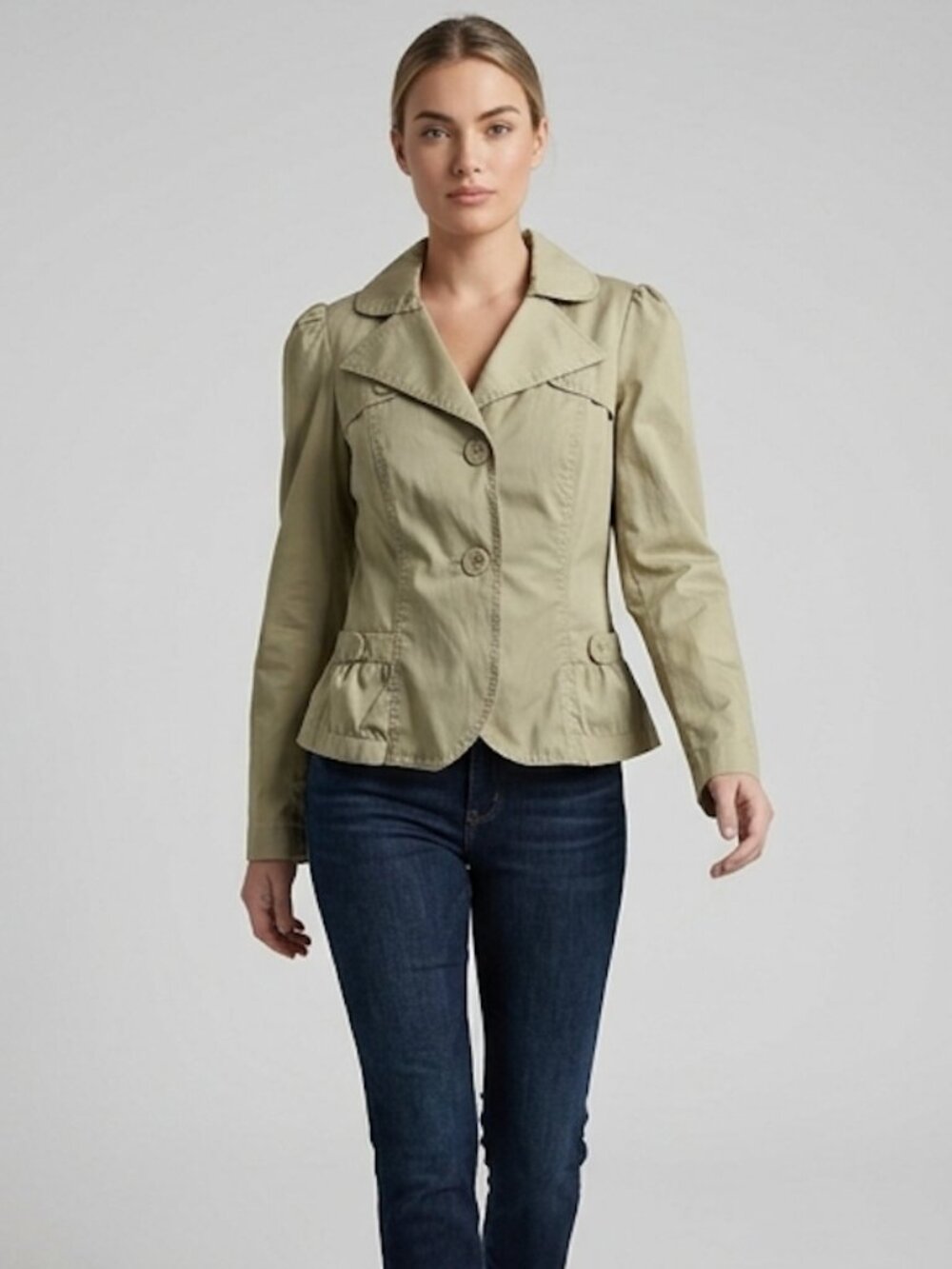 Chic Sage Olive Green Cotton Utility Safari Jacket with Ruffle Notch Collar